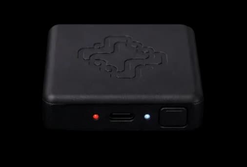 Juxta Asset Tag front view showing status LEDs and USB-C charging port