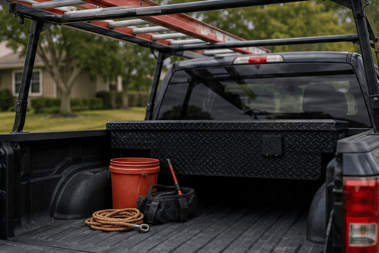 Juxta Asset Tag mounted on a truck-bed tool box on a job site