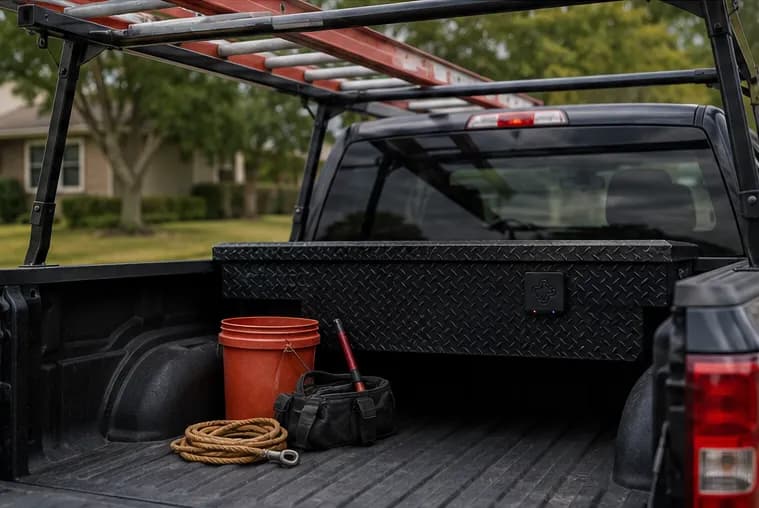 Juxta Asset Tag mounted on a truck-bed tool box on a job site