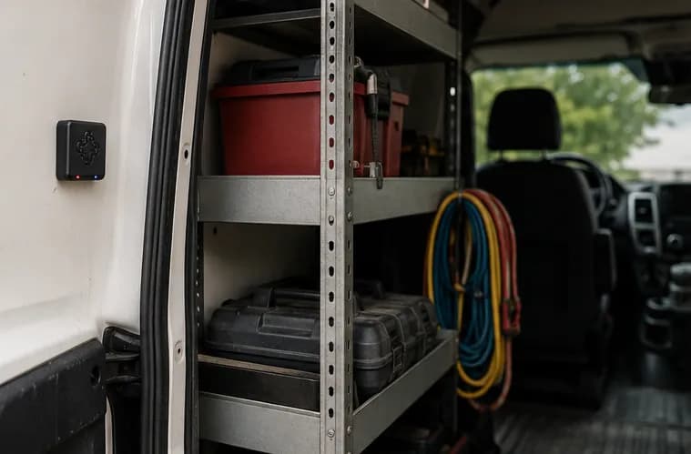Juxta Asset Tag mounted inside a work van next to shelving and equipment